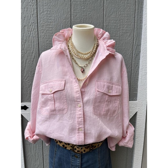 Lauren Ralph Lauren Tops - Upcycled Re-worked Lauren Ralph Lauren Shell Pink Linen Ruffle Collar Shirt XL